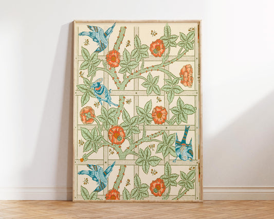 William Morris Print Trellis, Botanical Vintage Pattern Print, Green Floral Drawing Reproduction, Ivy & Flower and Bird Wall Hanging