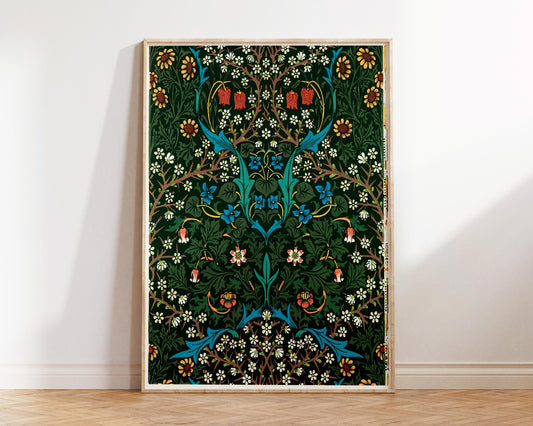 William Morris Tulip Pattern Print, Botanical Vintage Fine Art Print, Blue & Green Floral Drawing Reproduction, Art Nouveau Wall Art