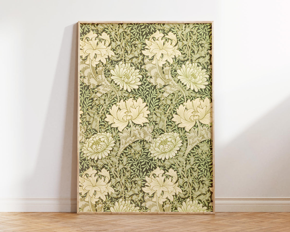 William Morris Print, Pastel Color Botanical Patterns, Chrysanthemum (1877) Reproduction, Green & Beige Flower Wall Art, Floral Print