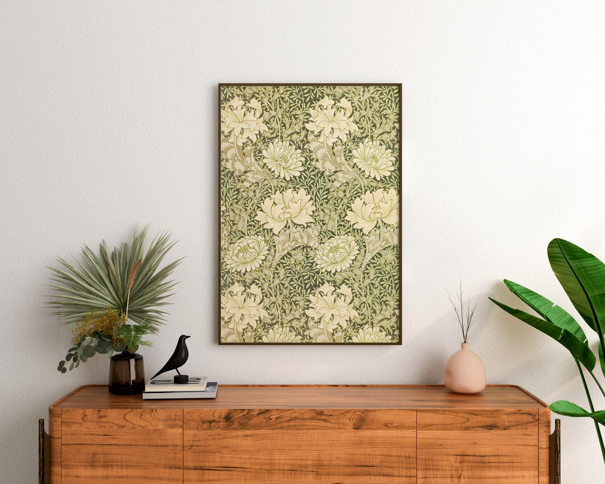 William Morris Print, Pastel Color Botanical Patterns, Chrysanthemum (1877) Reproduction, Green & Beige Flower Wall Art, Floral Print