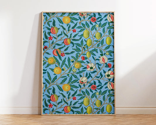 William Morris Print, Vintage Botanical Patterns, Four Fruits Reproduction from 1800s, Blue & Yellow Floral Wall Art