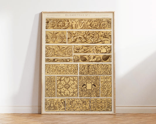 Vintage Elizabethan Patterns Print by Owen Jones, Grammar of Ornament Reproduction, Yellow Abstract Texture Poster, 19th Century Wall Art