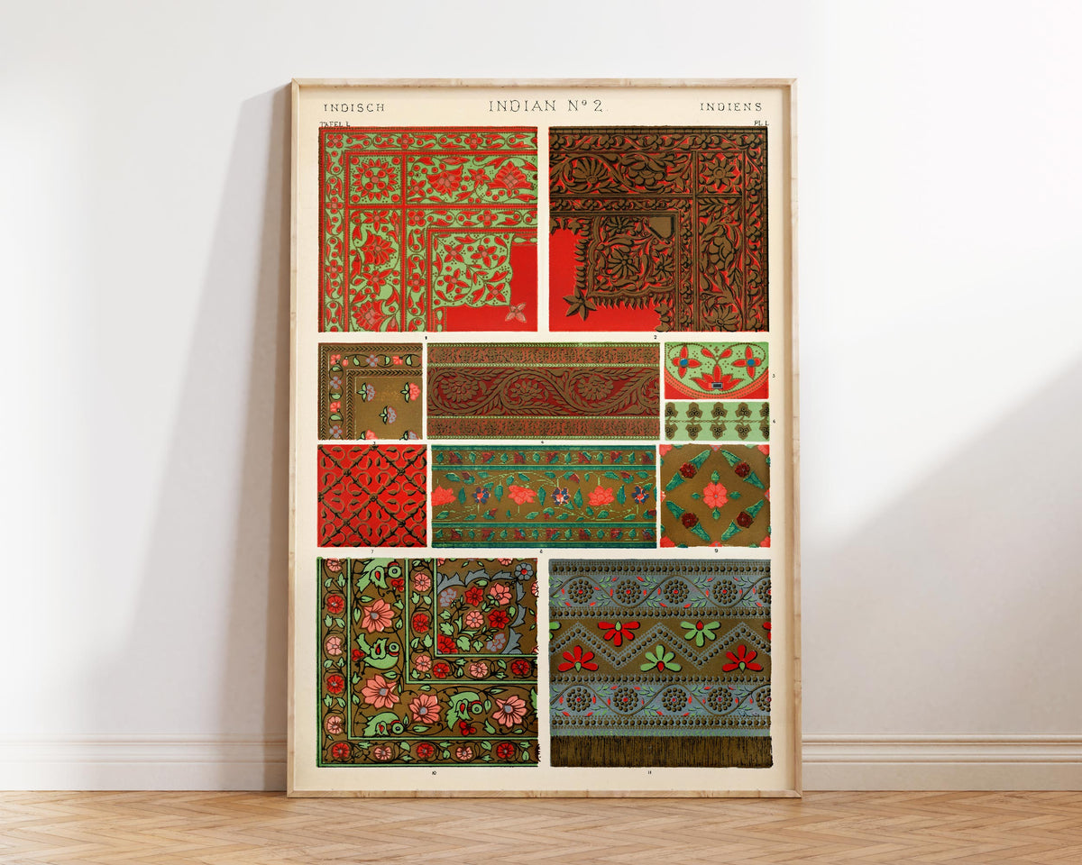 Vintage Indian Patterns Print by Owen Jones, Grammar of Ornament Reproduction, Abstract Red Patterns Poster, 19th Century Wall Art