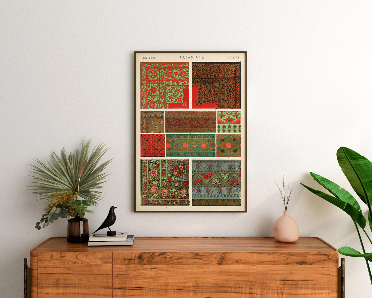 Vintage Indian Patterns Print by Owen Jones, Grammar of Ornament Reproduction, Abstract Red Patterns Poster, 19th Century Wall Art