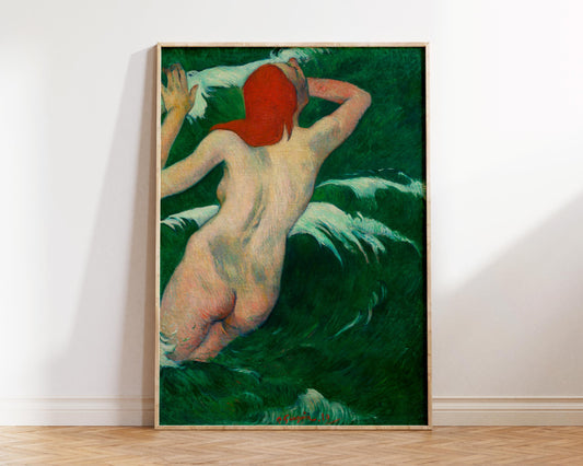 Vintage Nude Art Print by Paul Gauguin, In the Waves (1889) Reproduction, Antique Famous Painting, Green & Red Living Room Decor