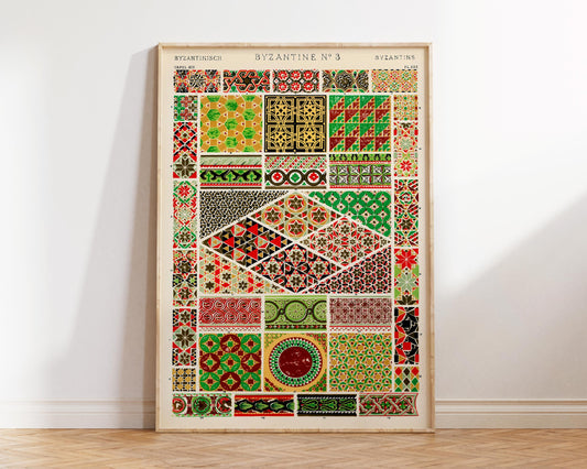 Vintage Byzantine Patterns Print by Owen Jones, Green & Red Contrast, Grammar of Ornament Wall Art, Antique Large Islamic Texture Poster