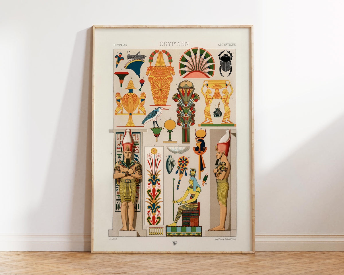 Egyptian Patterns Print by Albert Racinet, Ancient Egypt God & Goddesses Wall Art, Hieroglyphics Symbols with Bold Colors