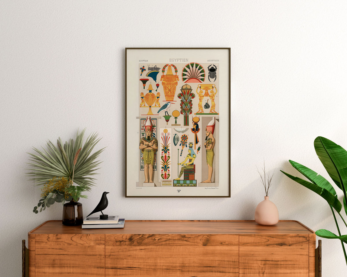 Egyptian Patterns Print by Albert Racinet, Ancient Egypt God & Goddesses Wall Art, Hieroglyphics Symbols with Bold Colors