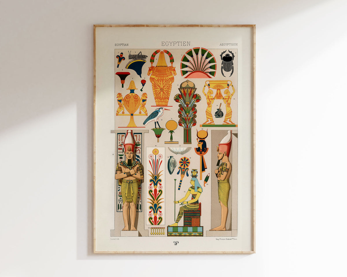 Egyptian Patterns Print by Albert Racinet, Ancient Egypt God & Goddesses Wall Art, Hieroglyphics Symbols with Bold Colors