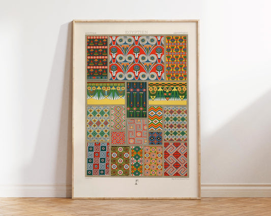Vintage Egyptian Patterns Print by Albert Racinet, Ancient Egypt Ornament Wall Art, Red & Yellow Motifs Poster, Colourful Historical Art