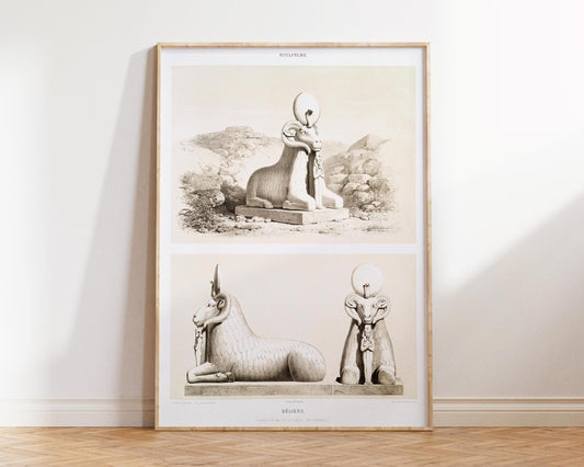 Ancient Egyptian Art Print, Sculpture Beliers Poster, Rams from Histoire de l'art Égyptien (1878) by Émile Prisse d'Avennes