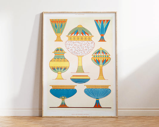 Vintage Blue & Yellow Egypt Vase Poster, Egyptian Pottery Art Print by Émile Prisse d'Avennes, Ancient Ceramic Craftsmanship Wall Art