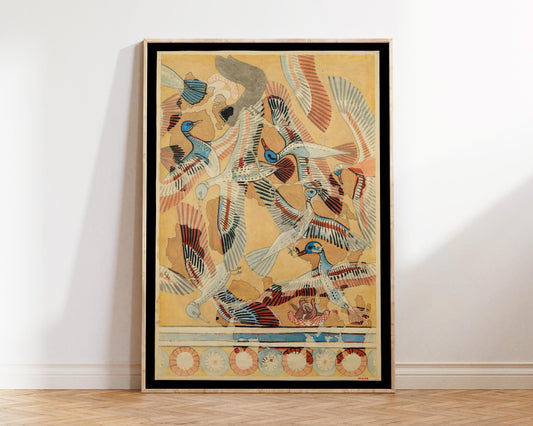 Large Mustard Yellow Art Print of Flying Ducks, Ancient Egypt Wall Art, Egyptian Birds Print for Living Room & Office