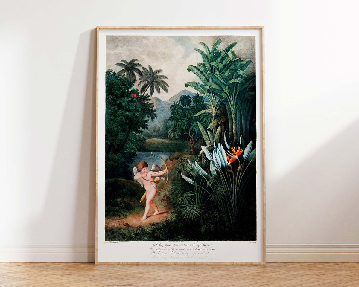 Tropical Jungle Illustration in Emerald Green by Robert John Thornton, Cupid Inspiring Plants with Love from The Temple of Flora (1807)