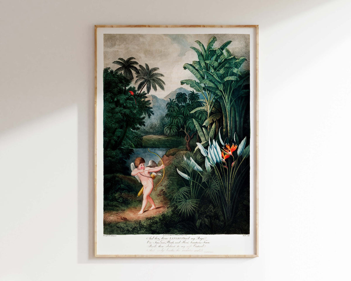 Tropical Jungle Illustration in Emerald Green by Robert John Thornton, Cupid Inspiring Plants with Love from The Temple of Flora (1807)