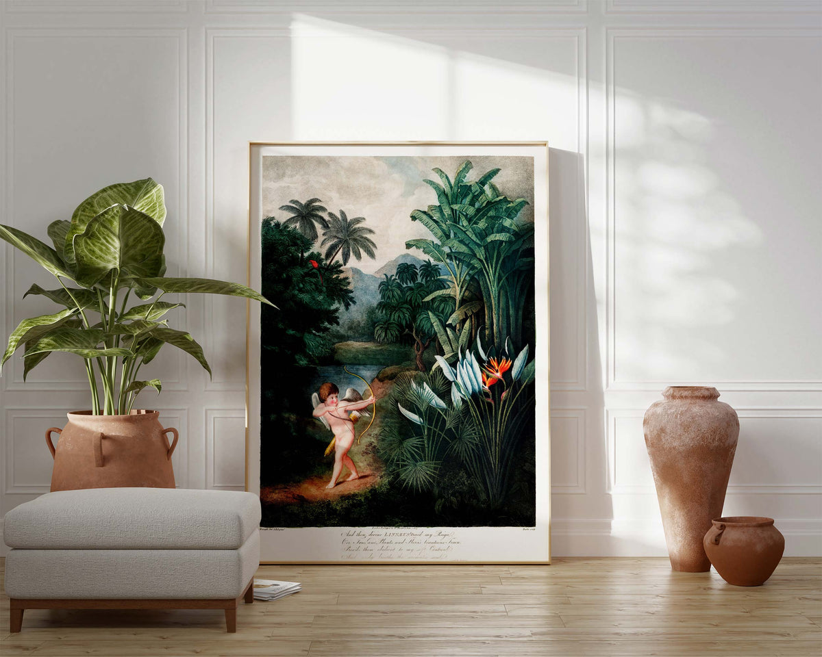 Tropical Jungle Illustration in Emerald Green by Robert John Thornton, Cupid Inspiring Plants with Love from The Temple of Flora (1807)
