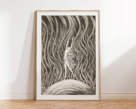 Dancing Nude Woman Portrait Etching Reproduction, Vintage Art Poster "Dansende" (1926) by Hein von Essen, Antique Erotic Wall Art