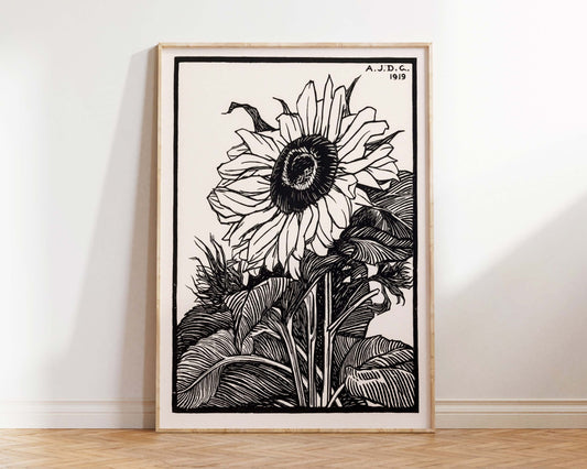 Vintage Sunflower Illustration Print by Julie de Graag, Minimal Ink Drawn Wild Flower, Art Nouveau Print, Antique Botanical Wall Art