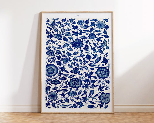 Vintage Chinese Patterns Print by Owen Jones, Blue Botanical Ornaments Wall Art, Antique Asian Floral Art Reproduction