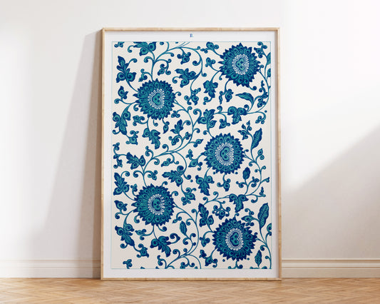 Vintage Chinese Patterns Print by Owen Jones, Blue Botanical Ornaments Wall Art, Antique Asian Floral Art Reproduction