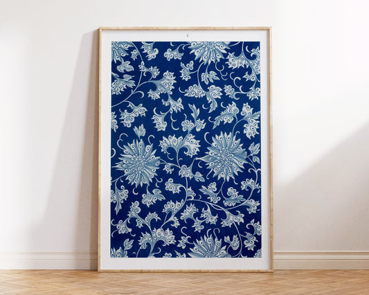Blue Flower Texture Fine Art Print by Owen Jones, Chinese Botanical Ornaments Wall Art, Antique Leaf Pattern Reproduction