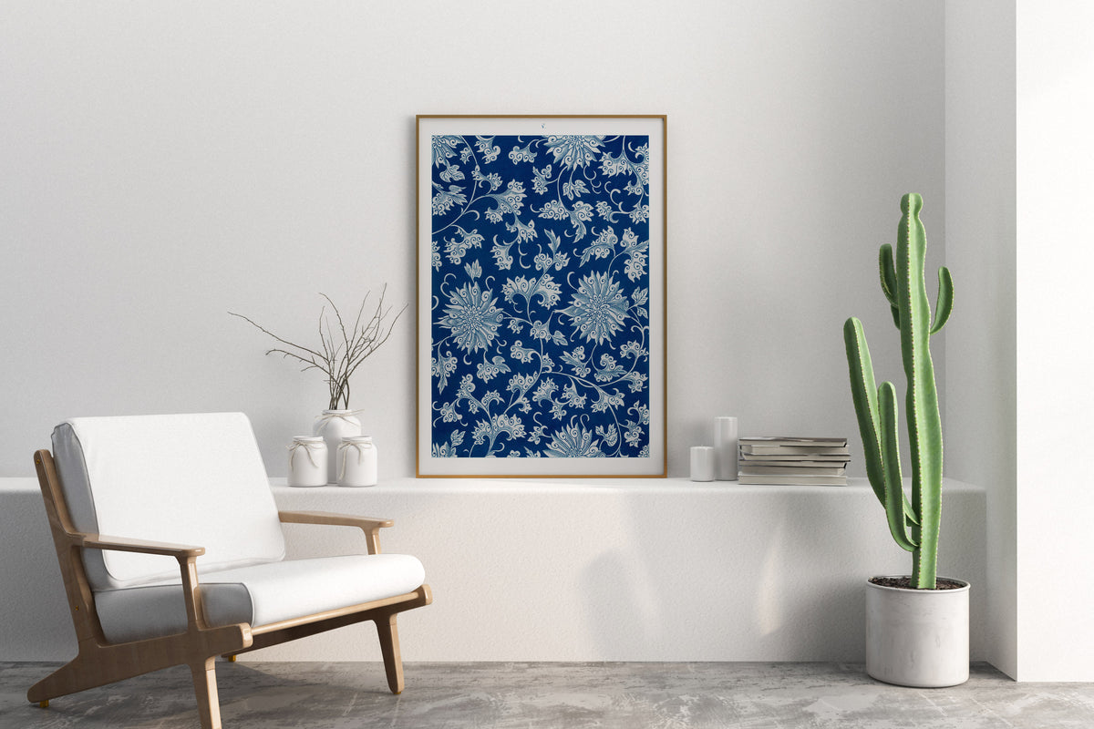 Blue Flower Texture Fine Art Print by Owen Jones, Chinese Botanical Ornaments Wall Art, Antique Leaf Pattern Reproduction