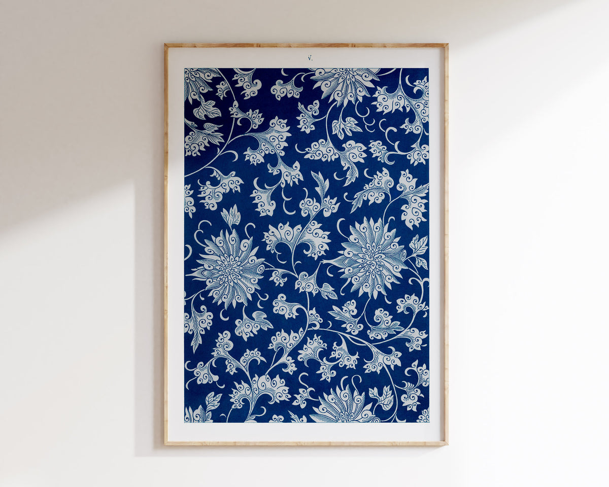 Blue Flower Texture Fine Art Print by Owen Jones, Chinese Botanical Ornaments Wall Art, Antique Leaf Pattern Reproduction