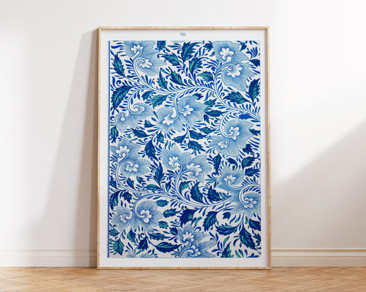 Blue Flower Texture Fine Art Print by Owen Jones, Chinese Botanical Ornaments Wall Art, Antique Leaf Pattern Reproduction