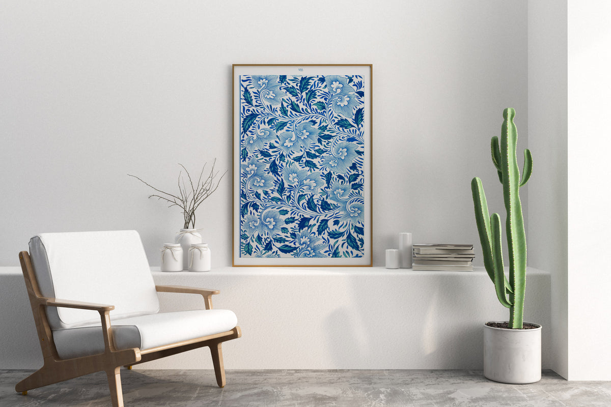 Blue Flower Texture Fine Art Print by Owen Jones, Chinese Botanical Ornaments Wall Art, Antique Leaf Pattern Reproduction