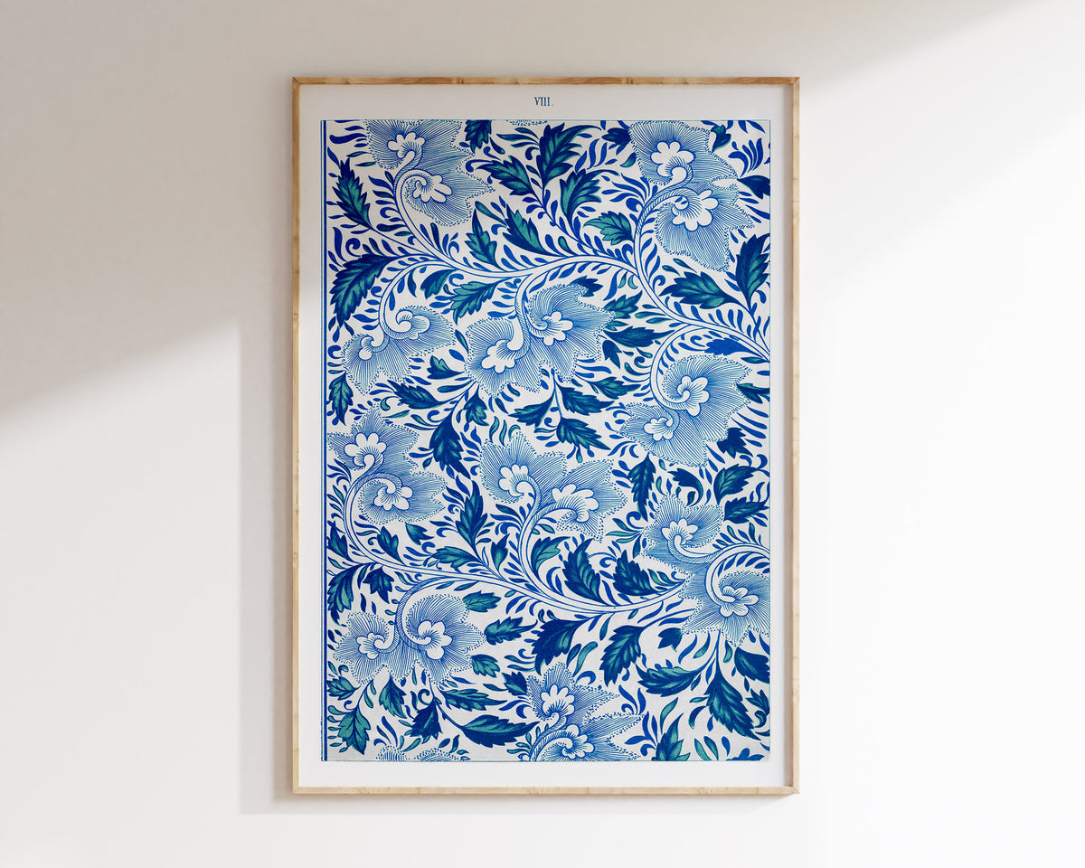 Blue Flower Texture Fine Art Print by Owen Jones, Chinese Botanical Ornaments Wall Art, Antique Leaf Pattern Reproduction