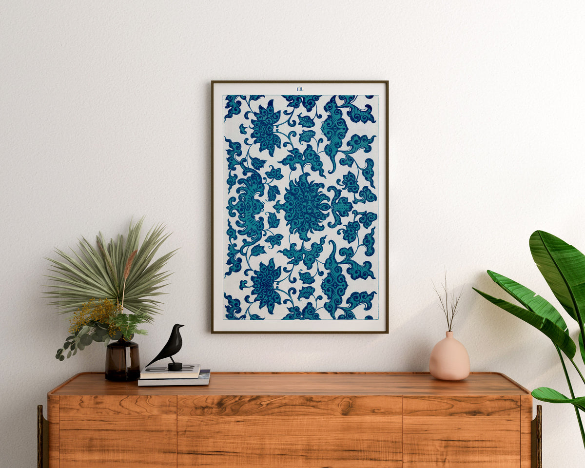 Vintage Chinese Patterns Print by Owen Jones, Blue Botanical Ornaments Wall Art, Antique Asian Floral Art Reproduction