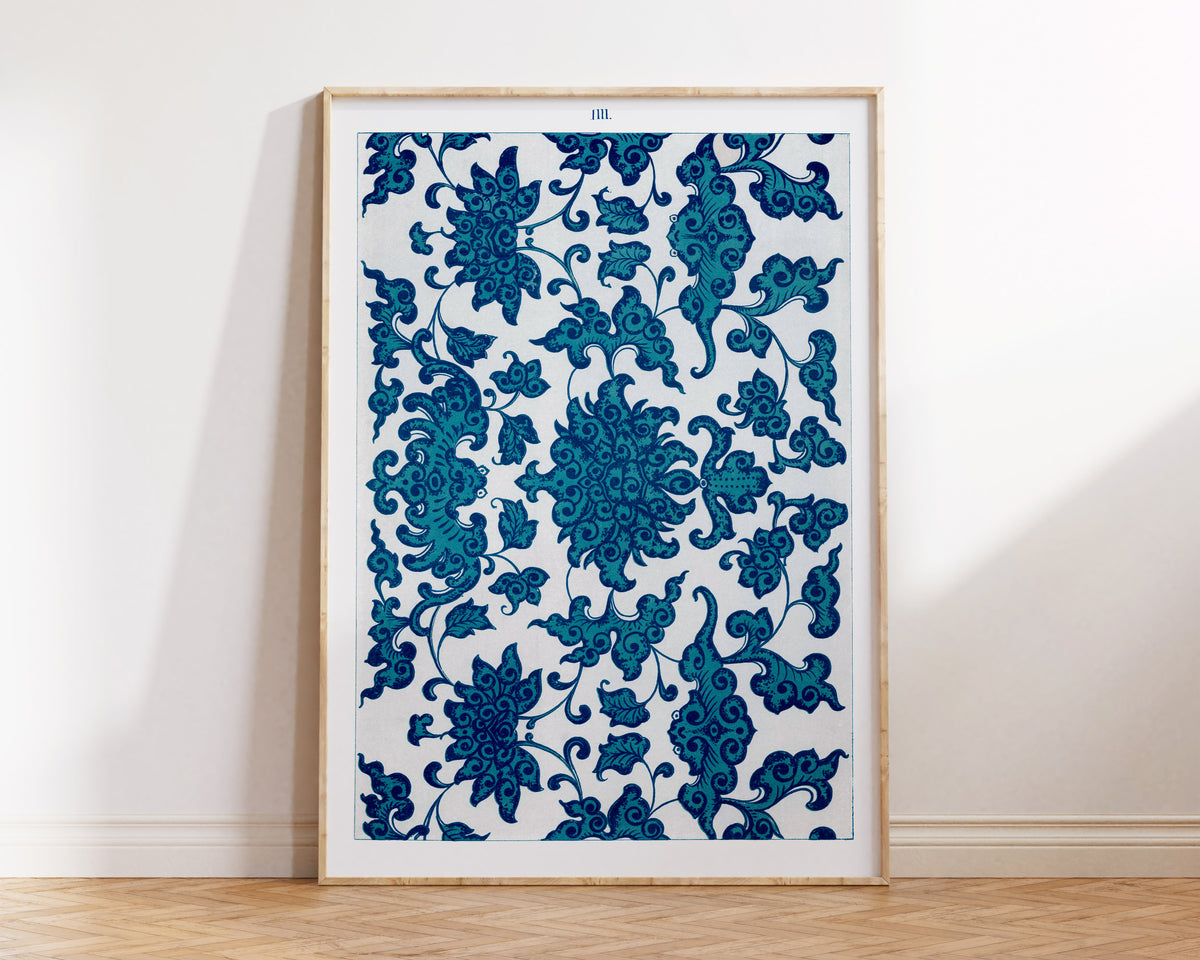 Vintage Chinese Patterns Print by Owen Jones, Blue Botanical Ornaments Wall Art, Antique Asian Floral Art Reproduction
