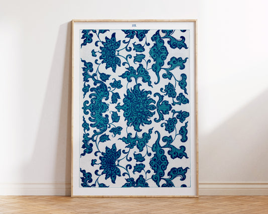 Vintage Chinese Patterns Print by Owen Jones, Blue Botanical Ornaments Wall Art, Antique Asian Floral Art Reproduction