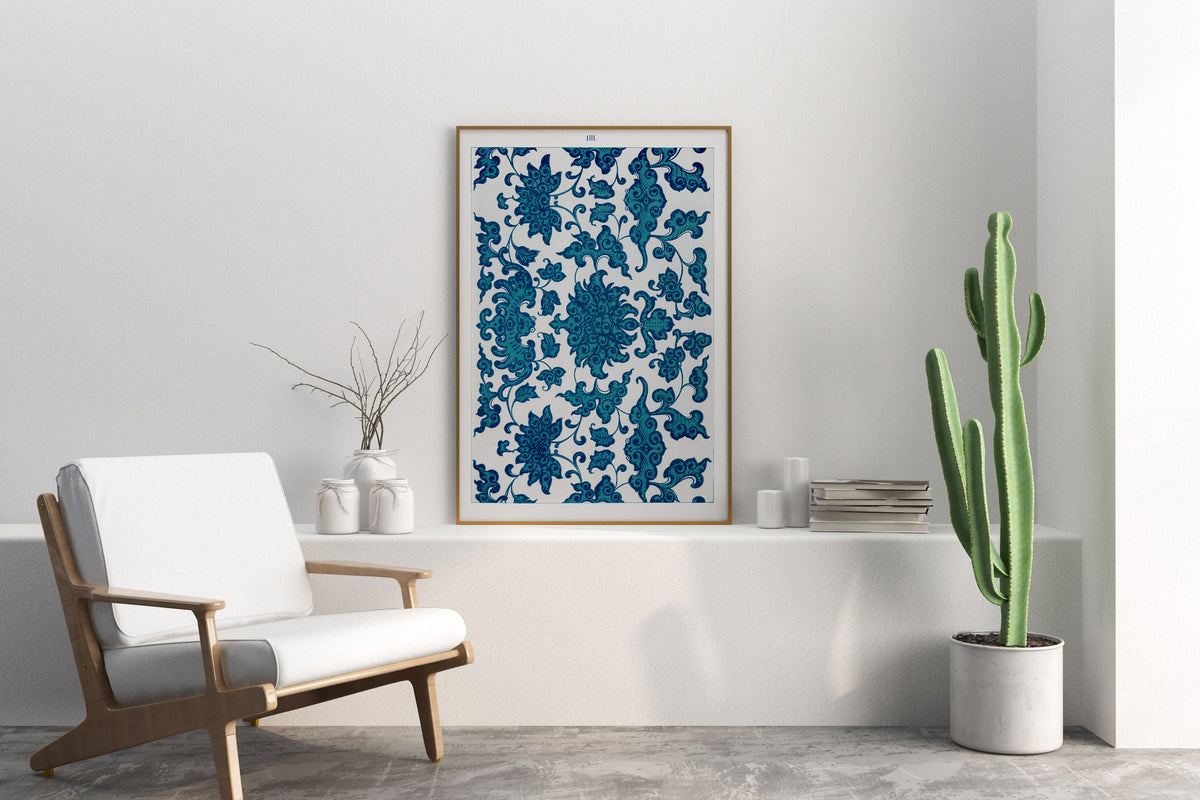 Vintage Chinese Patterns Print by Owen Jones, Blue Botanical Ornaments Wall Art, Antique Asian Floral Art Reproduction