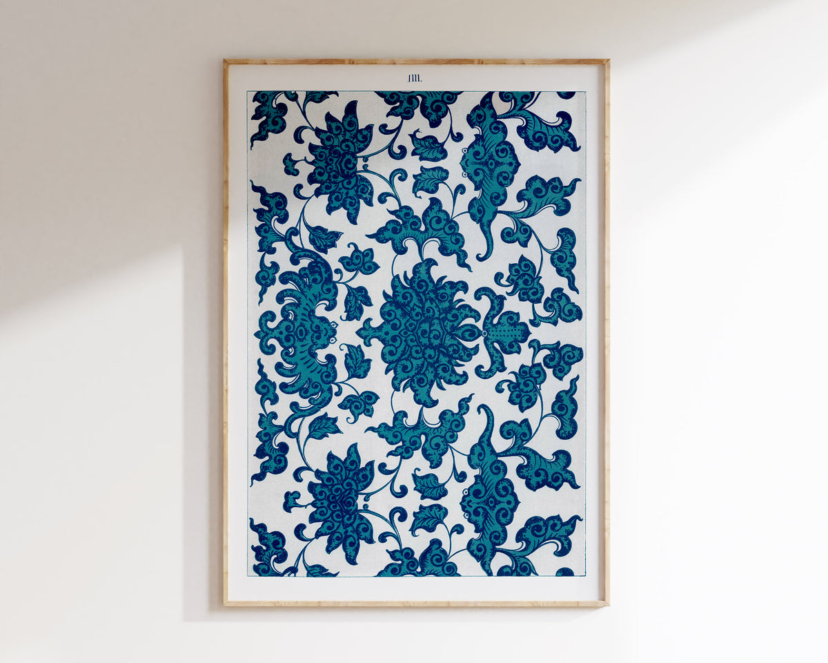 Vintage Chinese Patterns Print by Owen Jones, Blue Botanical Ornaments Wall Art, Antique Asian Floral Art Reproduction