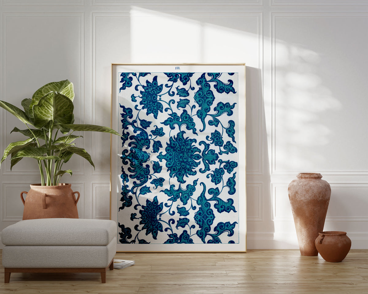 Vintage Chinese Patterns Print by Owen Jones, Blue Botanical Ornaments Wall Art, Antique Asian Floral Art Reproduction
