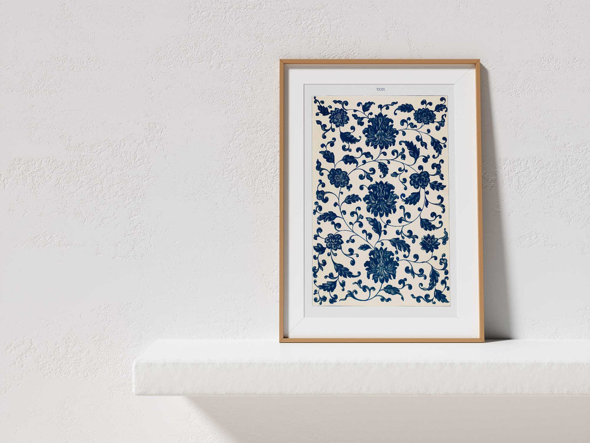 Vintage Chinese Patterns Print by Owen Jones, Blue Botanical Ornaments Wall Art, Antique Asian Floral Art Reproduction