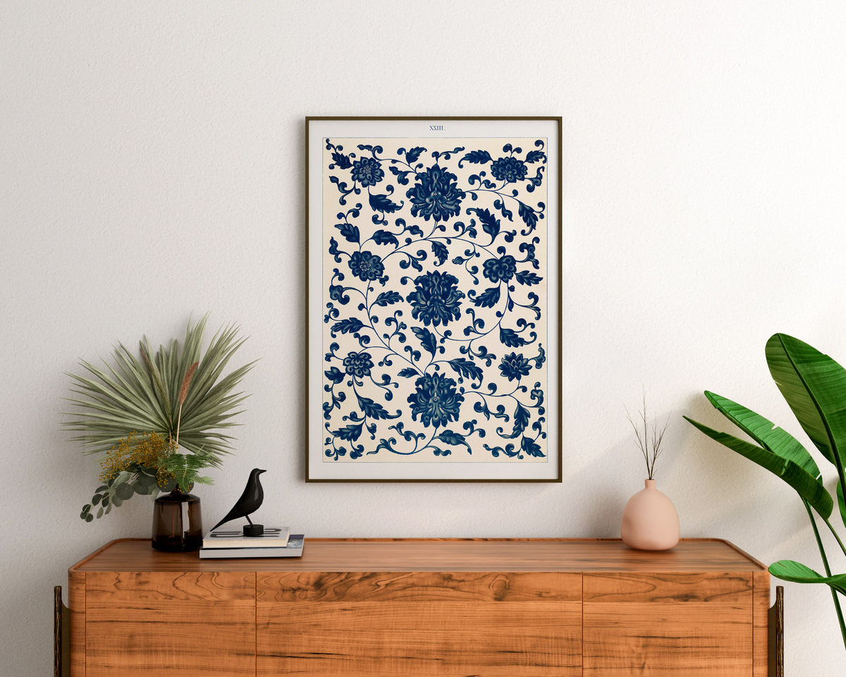 Vintage Chinese Patterns Print by Owen Jones, Blue Botanical Ornaments Wall Art, Antique Asian Floral Art Reproduction