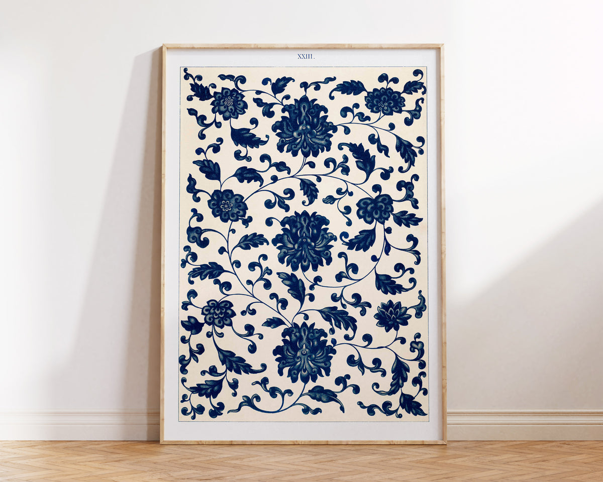 Vintage Chinese Patterns Print by Owen Jones, Blue Botanical Ornaments Wall Art, Antique Asian Floral Art Reproduction