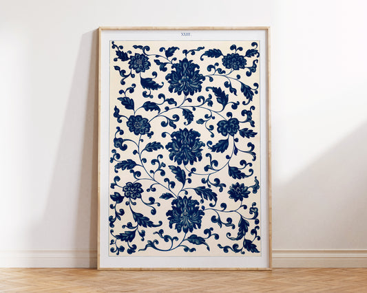 Vintage Chinese Patterns Print by Owen Jones, Blue Botanical Ornaments Wall Art, Antique Asian Floral Art Reproduction