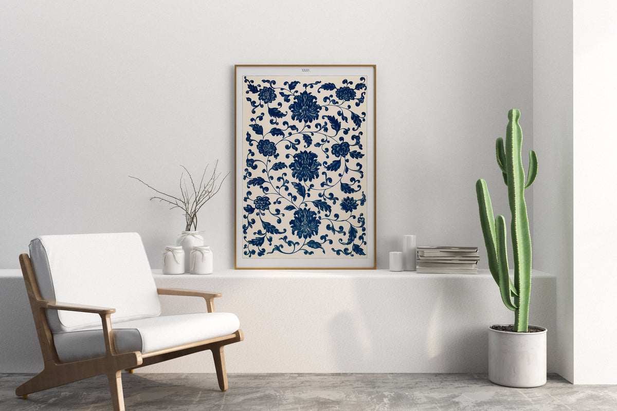 Vintage Chinese Patterns Print by Owen Jones, Blue Botanical Ornaments Wall Art, Antique Asian Floral Art Reproduction