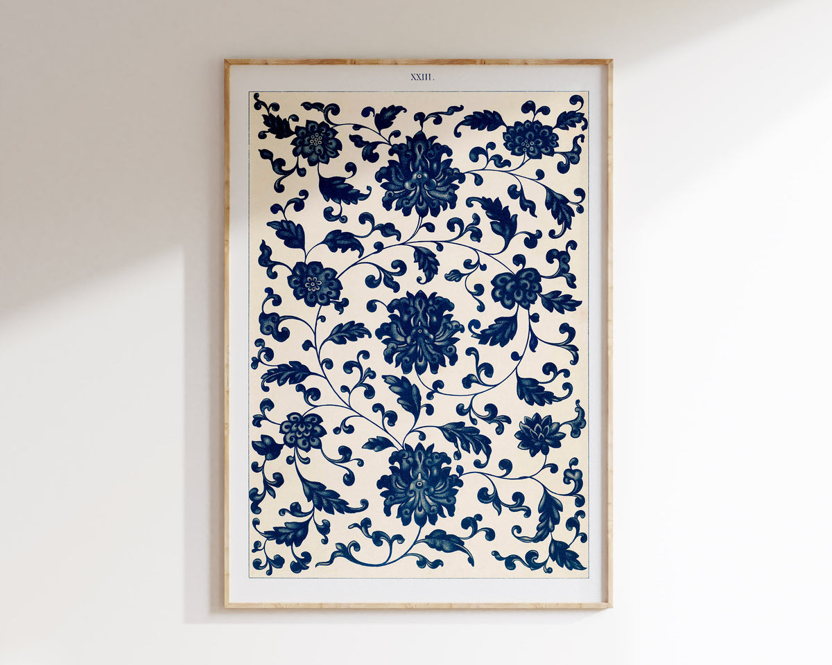 Vintage Chinese Patterns Print by Owen Jones, Blue Botanical Ornaments Wall Art, Antique Asian Floral Art Reproduction