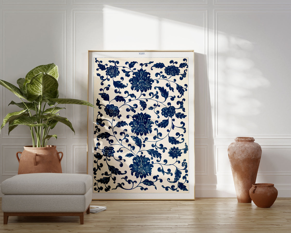 Vintage Chinese Patterns Print by Owen Jones, Blue Botanical Ornaments Wall Art, Antique Asian Floral Art Reproduction