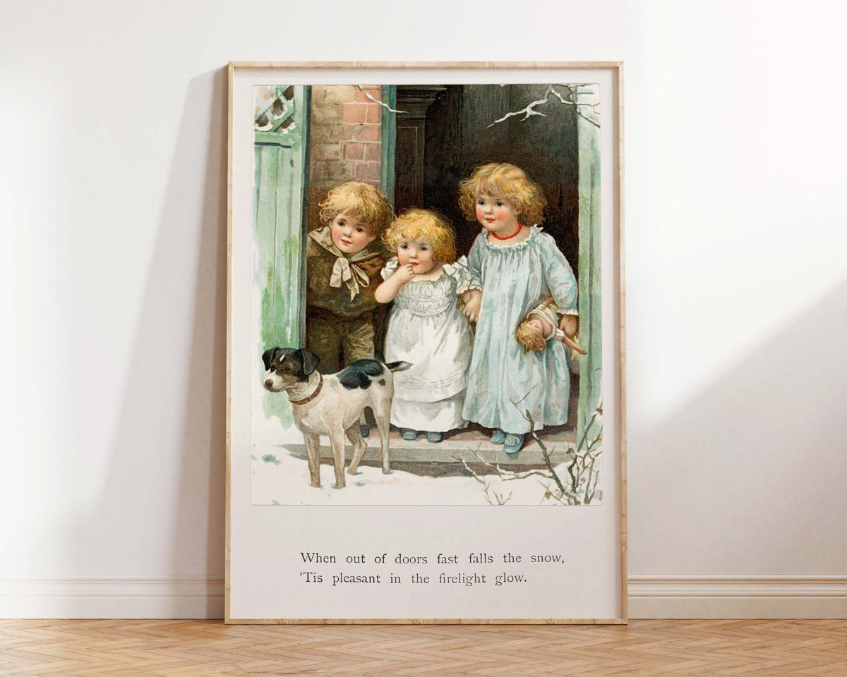 Vintage Hand Drawn Children and Dog Illustration, Nursery Wall Art, Come and Go, A Book of Changing Pictures (ca. 1890) by Ernest Nister