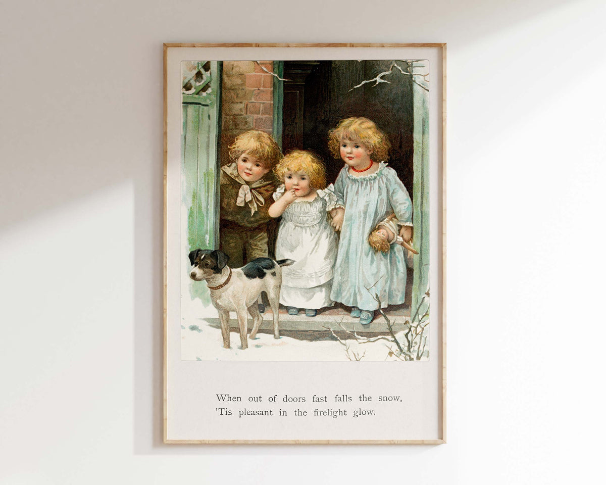 Vintage Hand Drawn Children and Dog Illustration, Nursery Wall Art, Come and Go, A Book of Changing Pictures (ca. 1890) by Ernest Nister