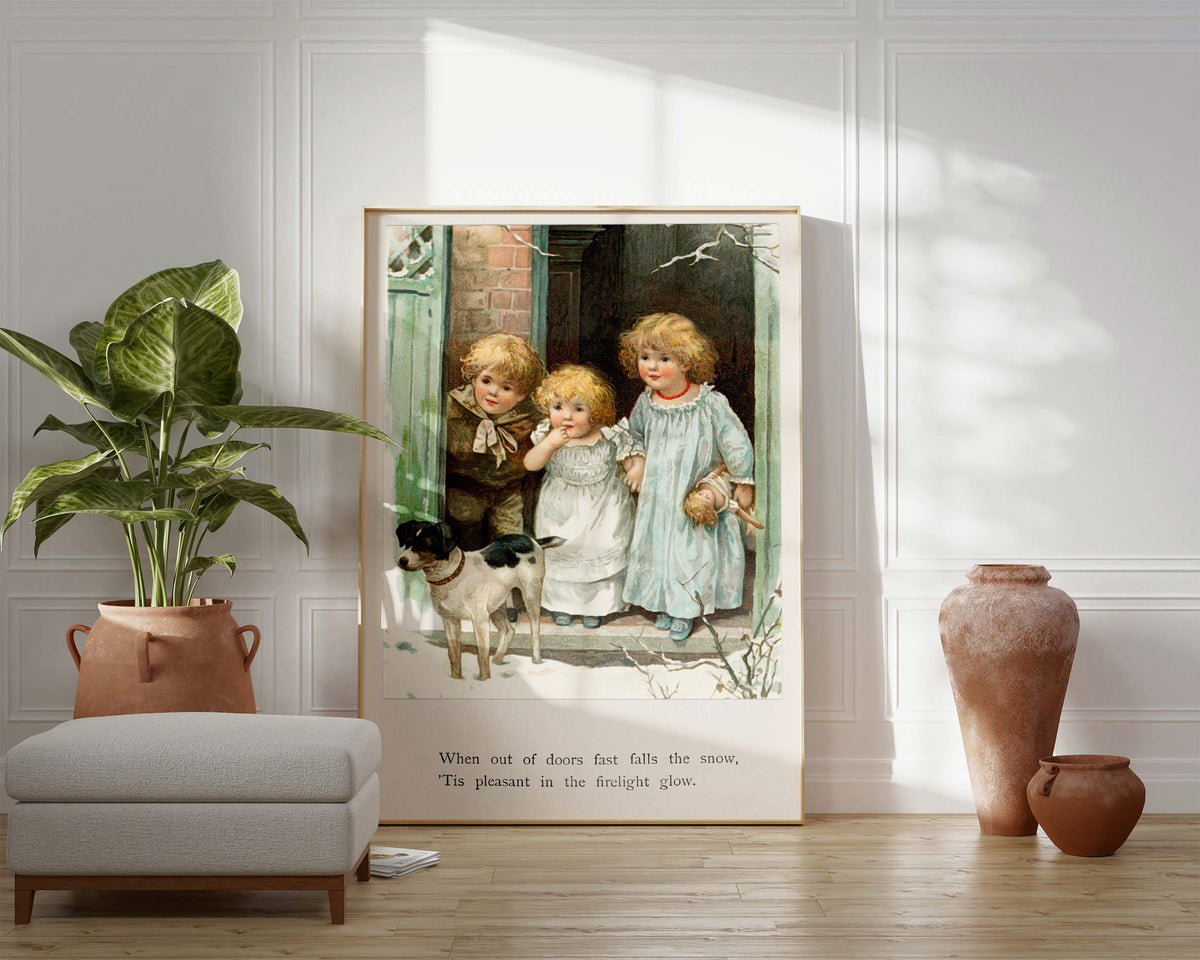 Vintage Hand Drawn Children and Dog Illustration, Nursery Wall Art, Come and Go, A Book of Changing Pictures (ca. 1890) by Ernest Nister