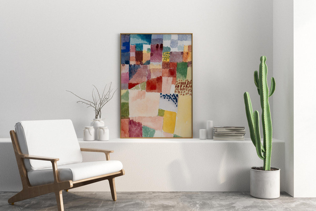 Abstract Large Wall Art Print by Paul Klee, Motif from Hammamet (1914), Vintage Painting Reproduction Red & Yellow Living Room Decor