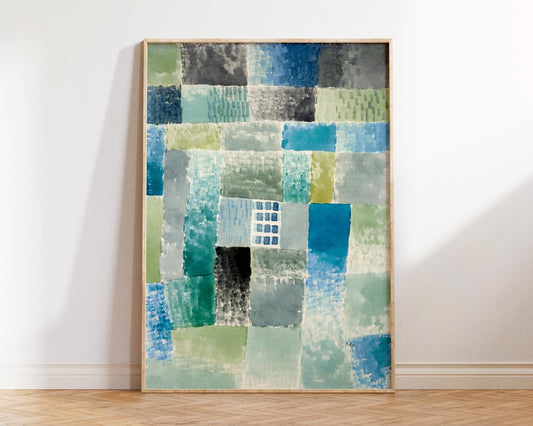 Abstract Large Wall Art Print by Paul Klee "First house in a Settlement" 1926, Vintage Painting Reproduction Blue & Green Living Room Decor