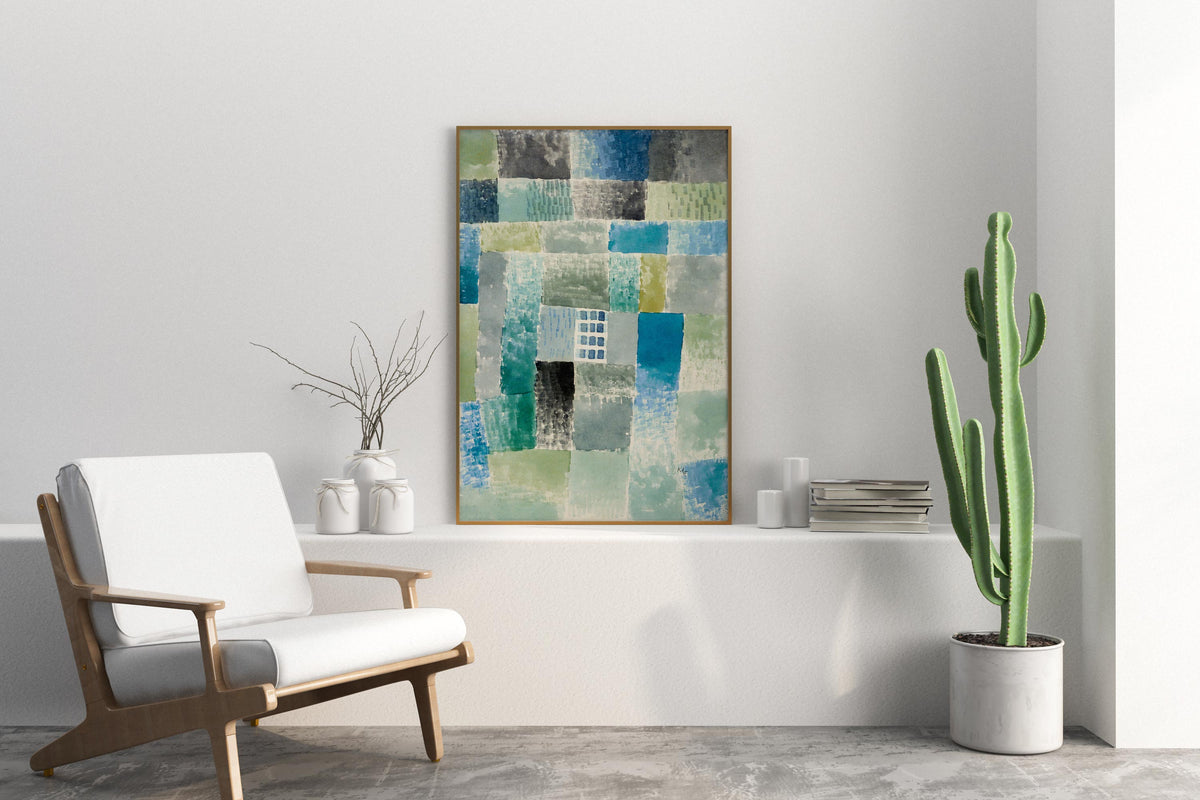 Abstract Large Wall Art Print by Paul Klee "First house in a Settlement" 1926, Vintage Painting Reproduction Blue & Green Living Room Decor
