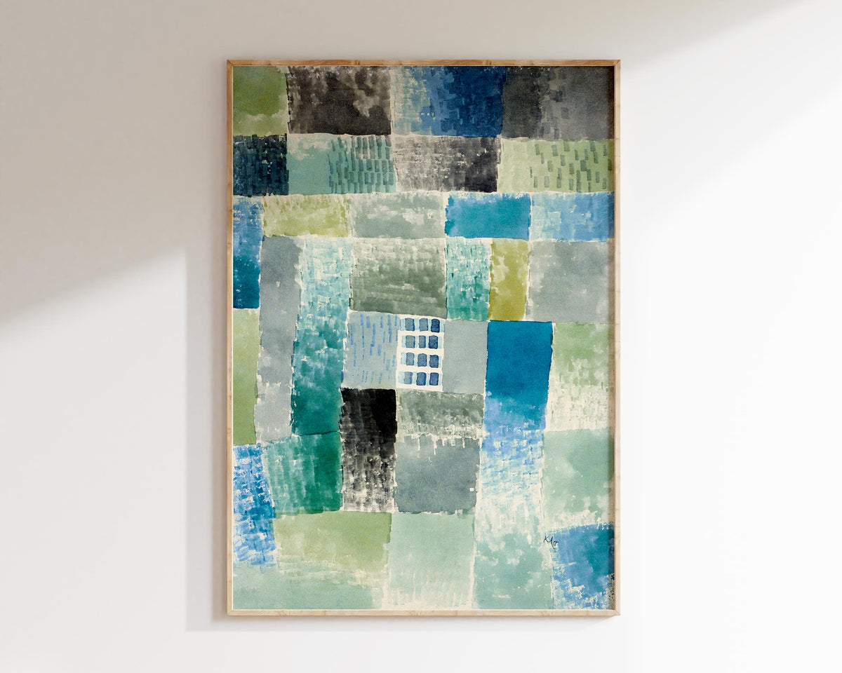 Abstract Large Wall Art Print by Paul Klee "First house in a Settlement" 1926, Vintage Painting Reproduction Blue & Green Living Room Decor